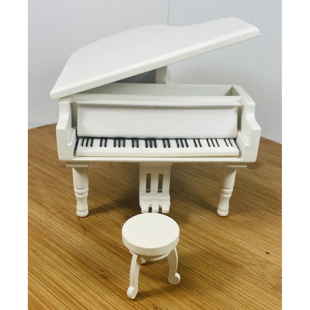 White Piano Music Box with Bench and Black Case Musical Boxes Gift for Christmas - Picture 2 of 13